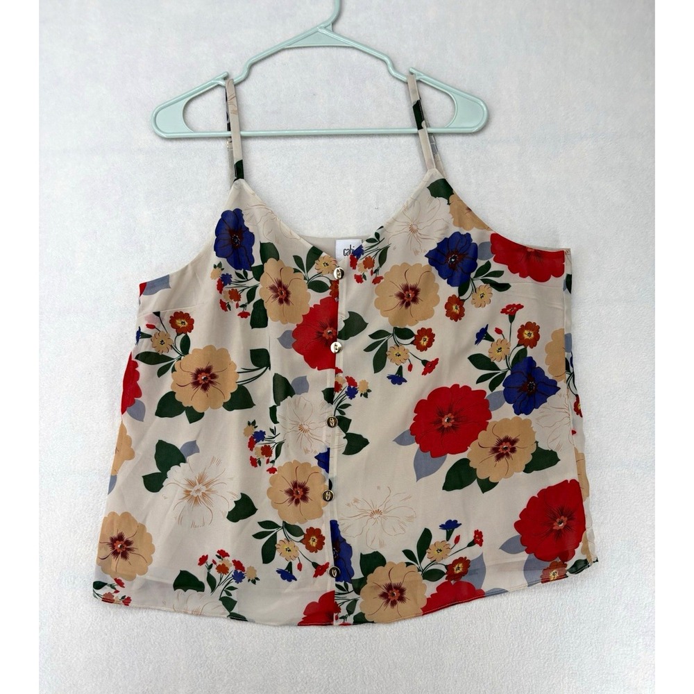 CAbi Beige Floral V-Neck Button Front Spaghetti Strap Camisole Tank Top XL
